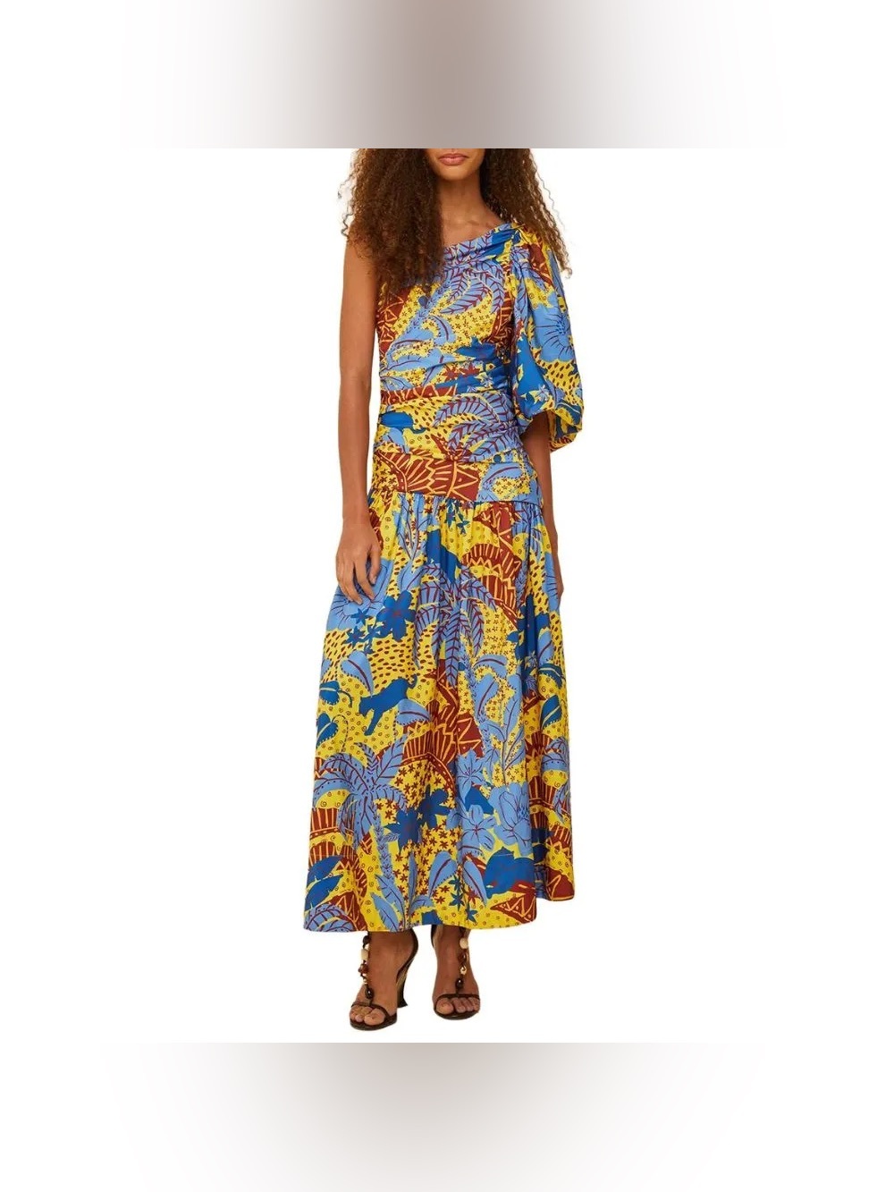 Farm Rio Women's One-Shoulder Tropical Print Maxi Dress in Blue and Yellow
